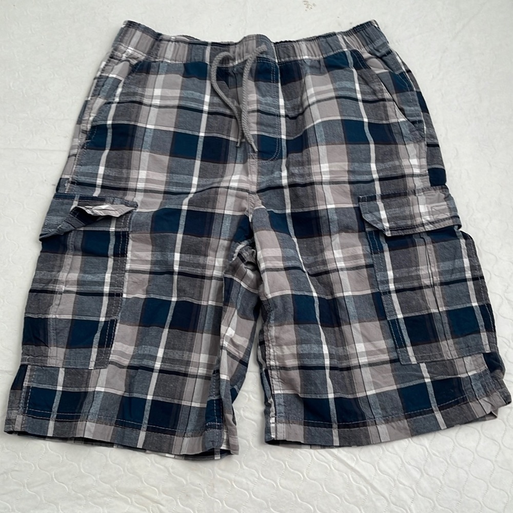 Simply Styled blue white gray plaid pull-on drawstring shorts